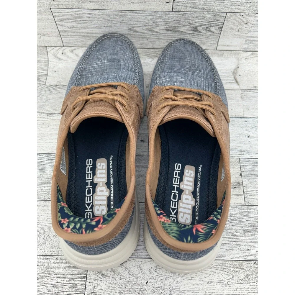 Skechers Slip-ins On-the-GO Ideal Navy Tan Boat Shoes 138215 Women Sz 7.5‎